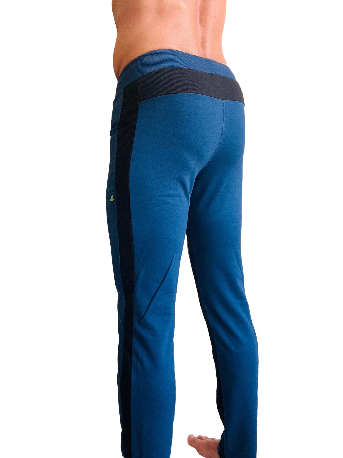 Eco-track and yoga royal blue athletic sweat pants with black side stripes and ribbed waistband for active wear