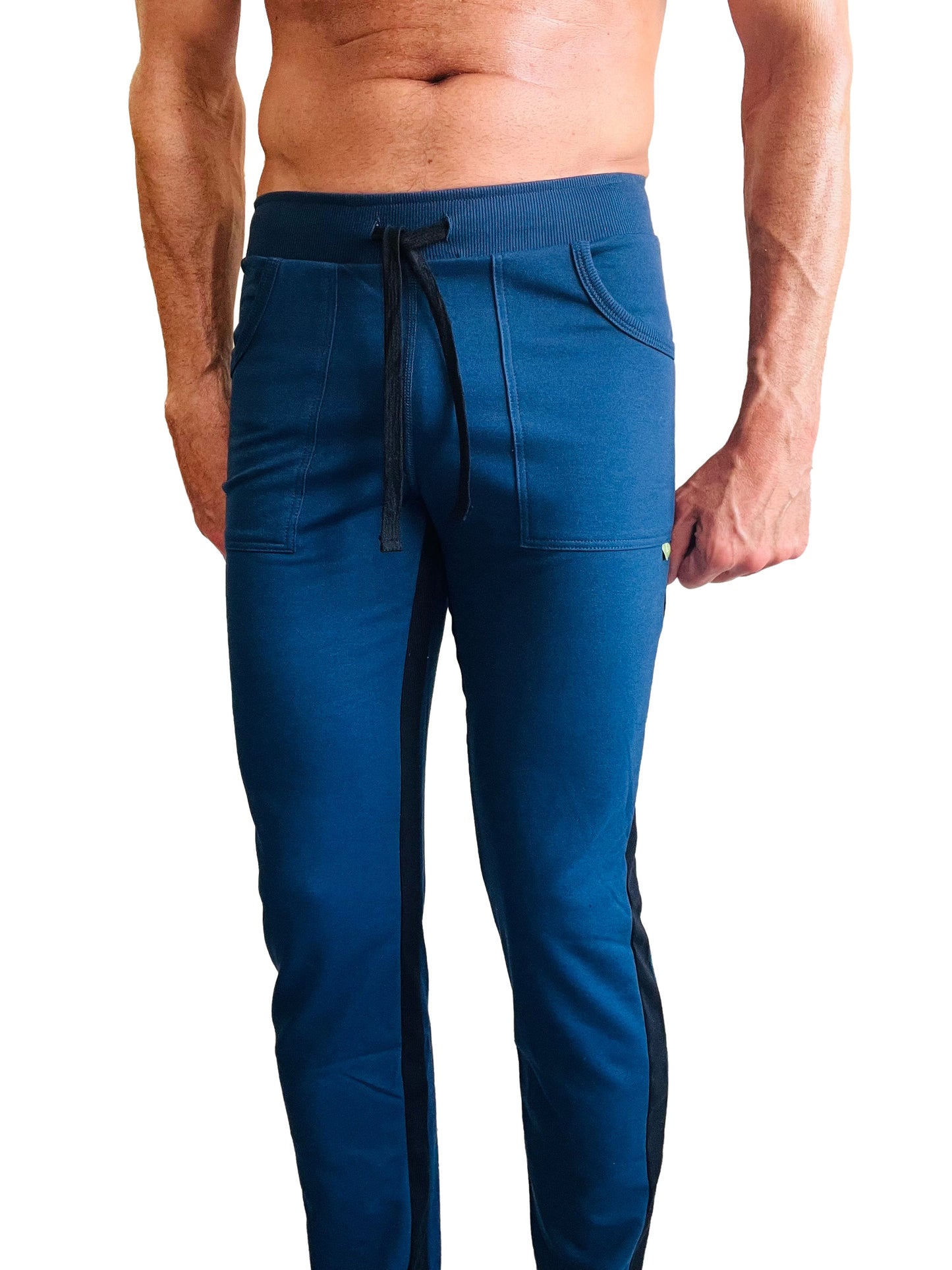 Eco-track and yoga sweat pant royal blue with black featuring athletic joggers with black side stripes and drawstring waistband