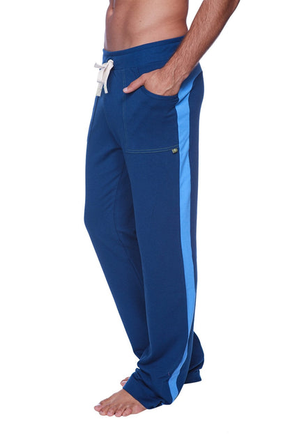 Eco-track and yoga sweat pant royal blue with ice blue vertical stripe and white drawstrings made from sustainable fabric