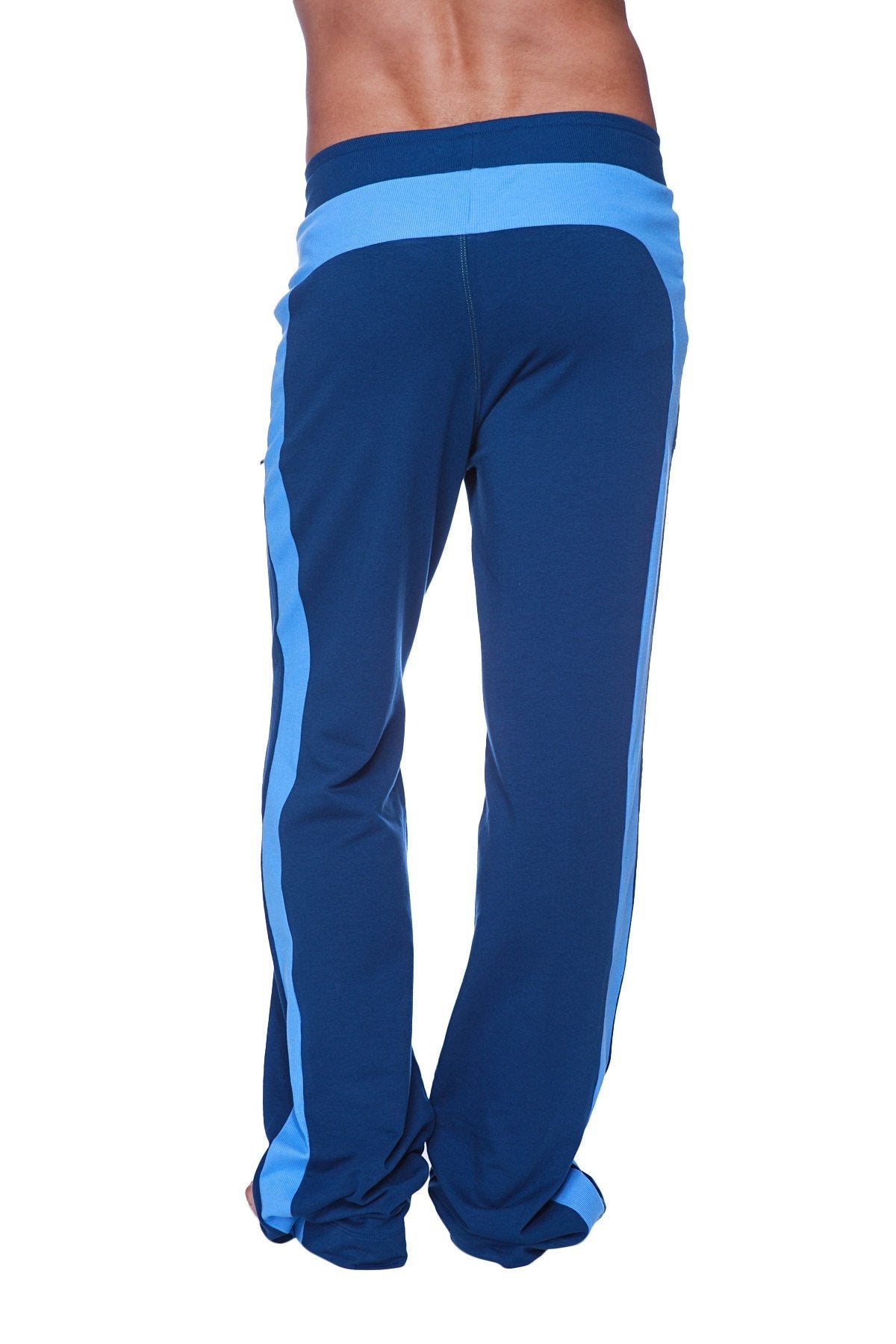 Eco-track and yoga sweat pant in royal blue with ice blue side stripes and matching waistband for athletic wear
