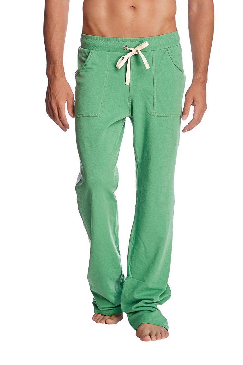 Eco-track and yoga sweat pant in solid bamboo green with green drawstring, two front pockets, and relaxed loose fit