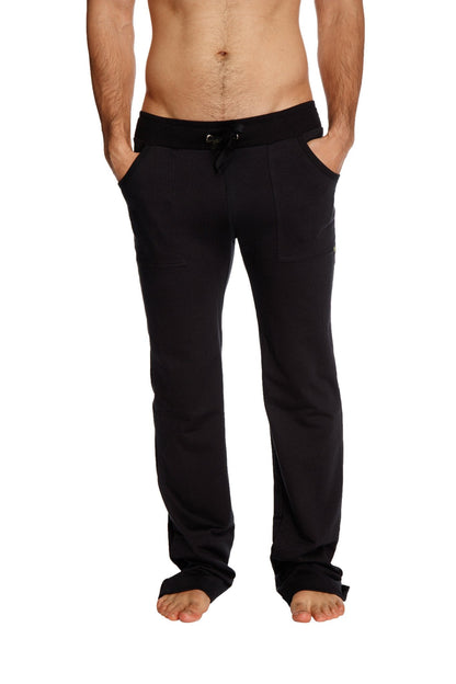 Black eco-track and yoga sweat pant with relaxed fit drawstring waist and side pockets for comfortable wear