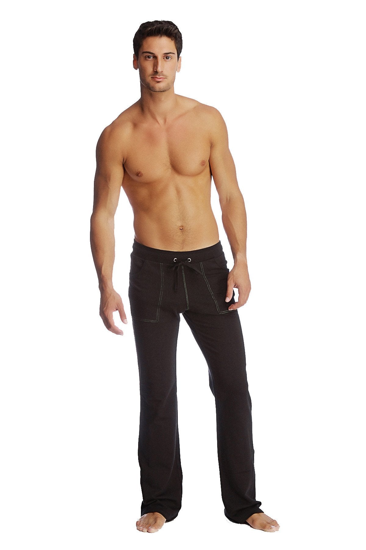 Black eco-track and yoga sweat pant with subtle white stitching along seams and pockets made from eco-friendly fabric