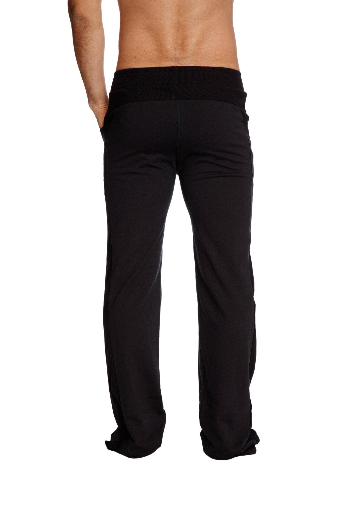 Black eco friendly stretchy yoga sweat pant with wide elastic waistband and tapered legs for active wear