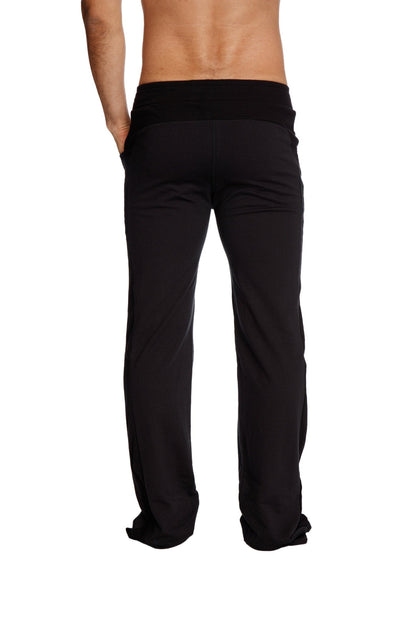 Black eco friendly stretchy yoga sweat pant with wide elastic waistband and tapered legs for active wear