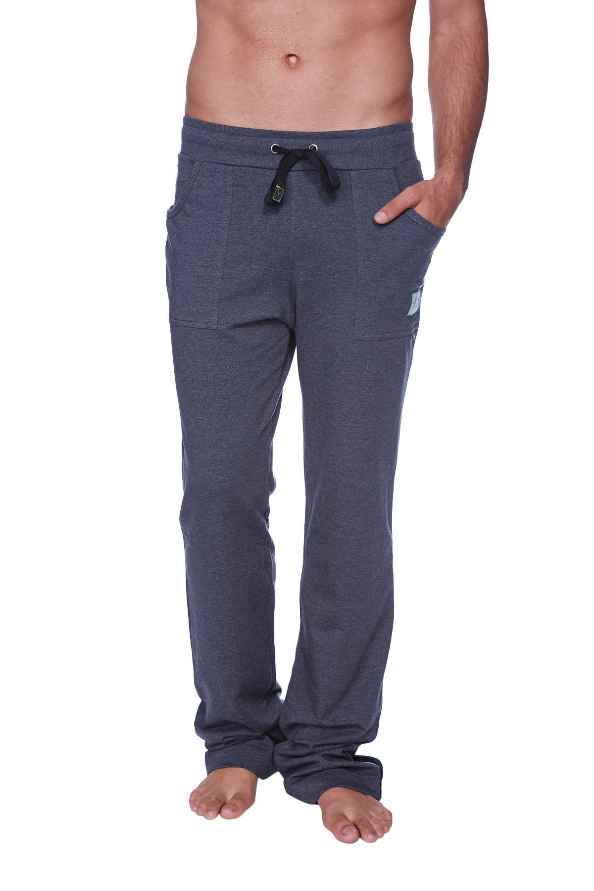 Eco-track and yoga sweat pant in solid charcoal with dark gray heathered fabric black drawstring and side pockets