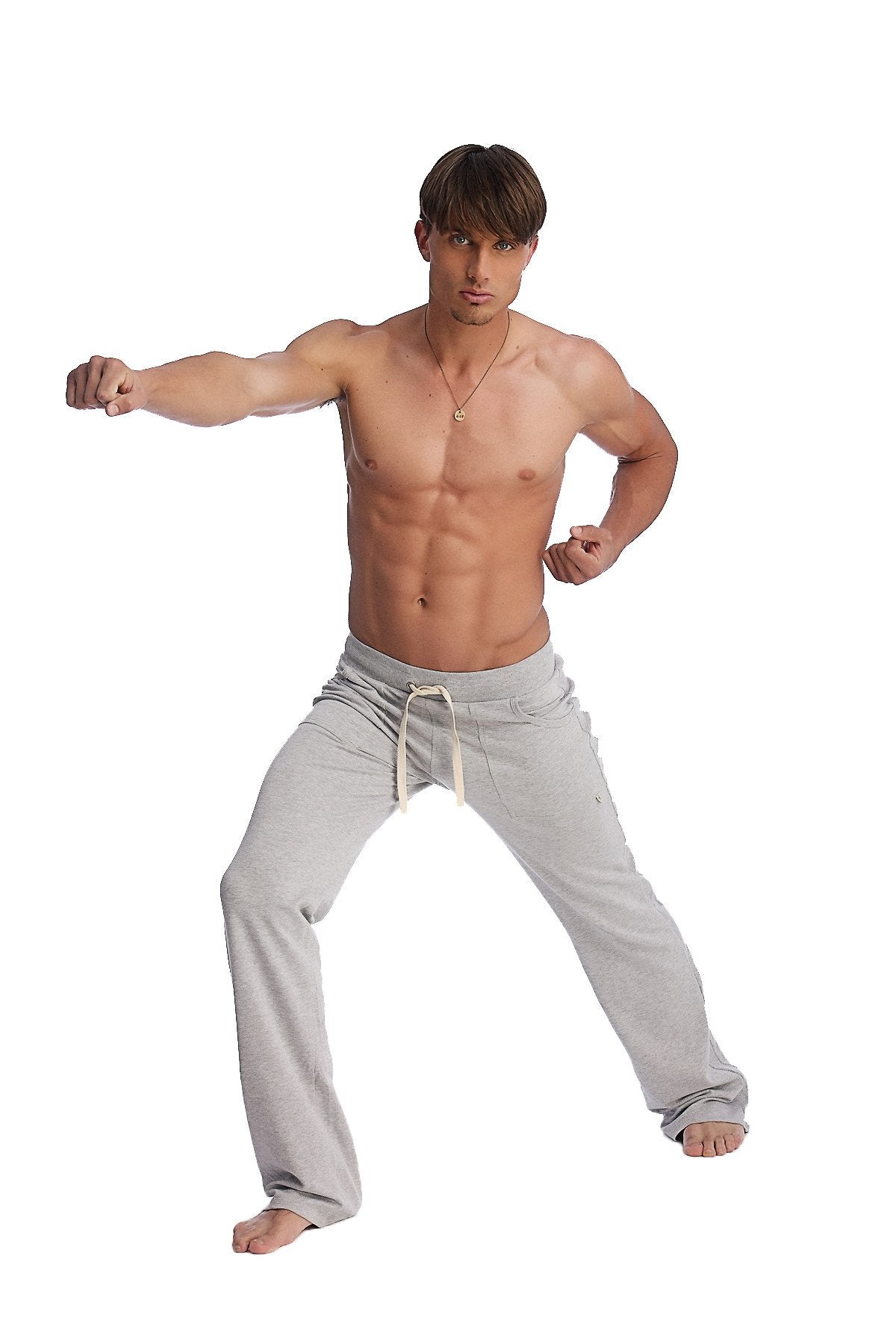 Gray eco-track and yoga sweat pant with drawstring waistband made from solid heather material for athletic use