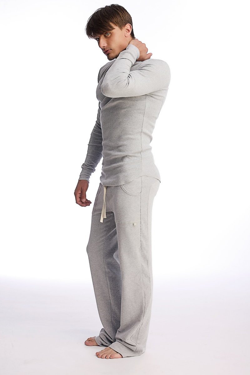 Gray eco track and yoga sweat pant and long sleeve top set made of soft fabric with relaxed fit in solid heather gray