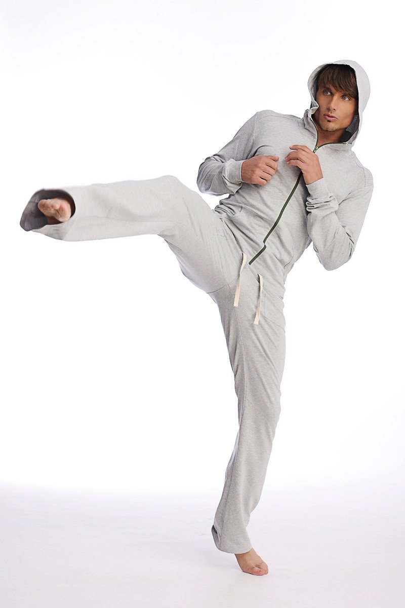 Light gray solid heather grey eco-track and yoga sweat pant set with full-zip front dark green zipper pull and white drawstrings