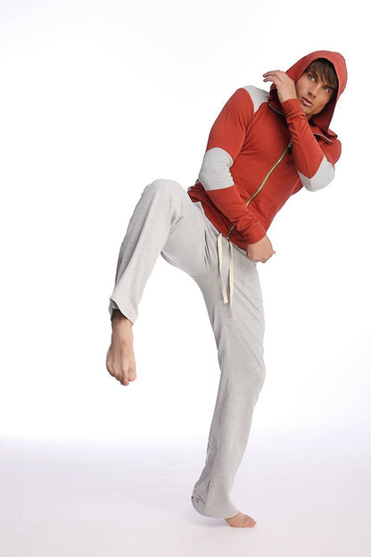 Red and gray zip-up hoodie with white sleeve panels paired with eco-track and yoga sweat pant in solid heather grey
