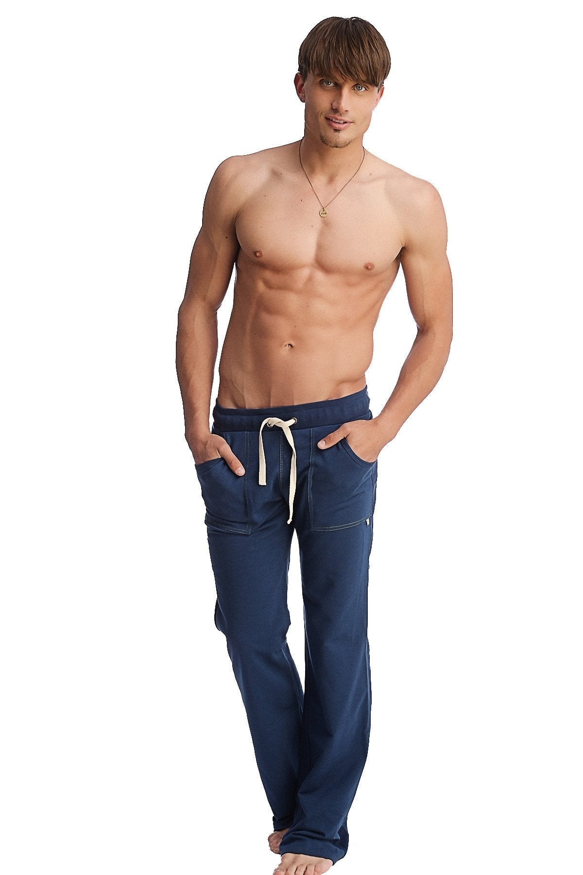 Navy blue cotton eco-track and yoga sweat pant with white drawstring and side pockets for comfortable wear