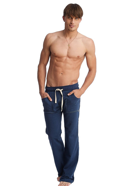 Navy blue cotton eco-track and yoga sweat pant with white drawstring and side pockets for comfortable wear