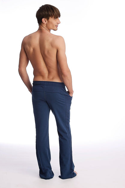 Navy blue eco-track and yoga wide-leg pants with smooth stretchy fabric and subtle side seam detailing