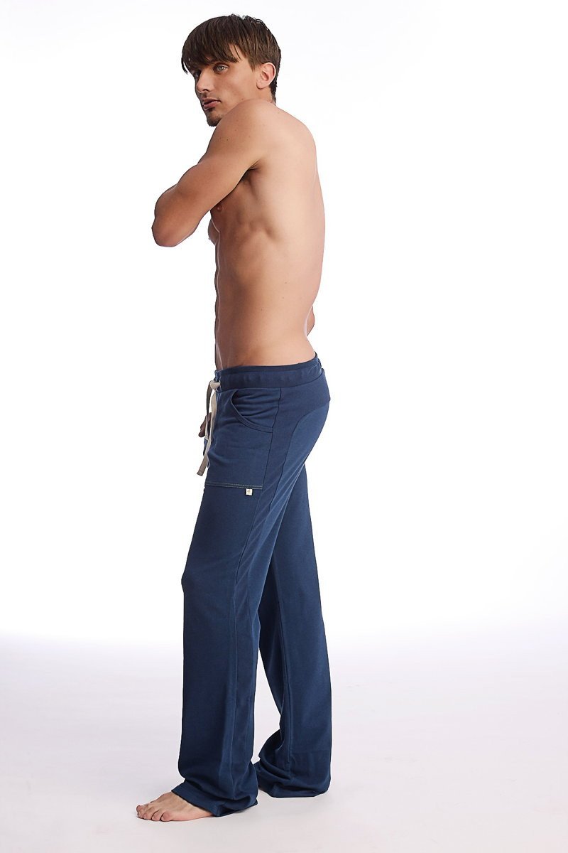 Navy blue eco-track and yoga sweat pant with loose fit drawstring waist and side pockets for comfortable wear