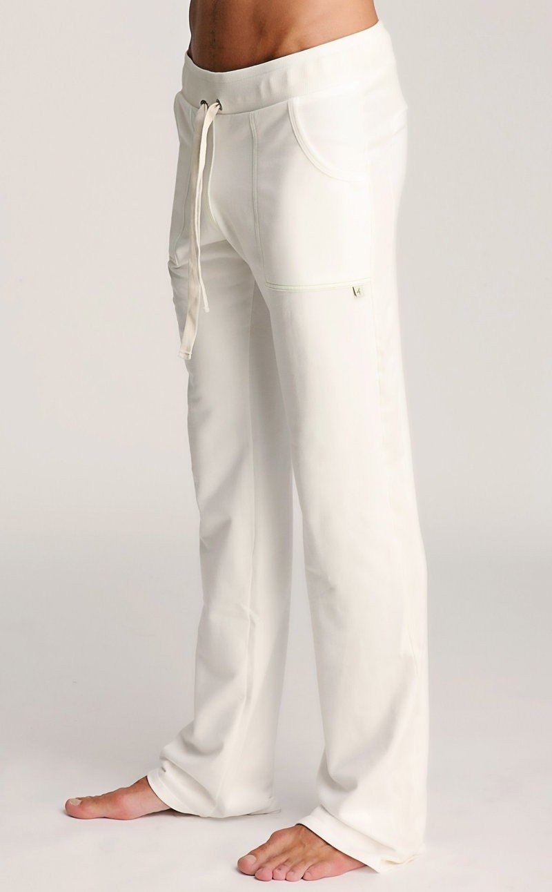 White eco-track and yoga sweat pant made of soft cotton with a drawstring waistband and side pockets