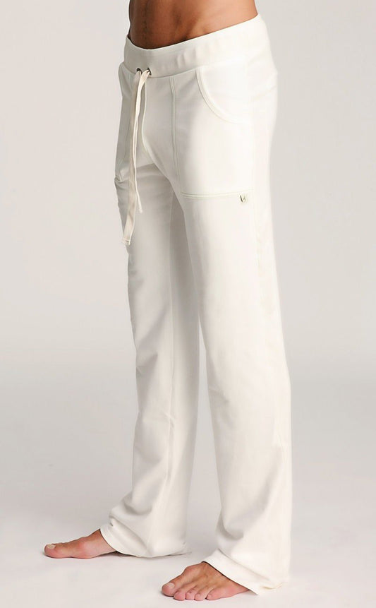 White eco-track and yoga sweat pant made of soft cotton with a drawstring waistband and side pockets