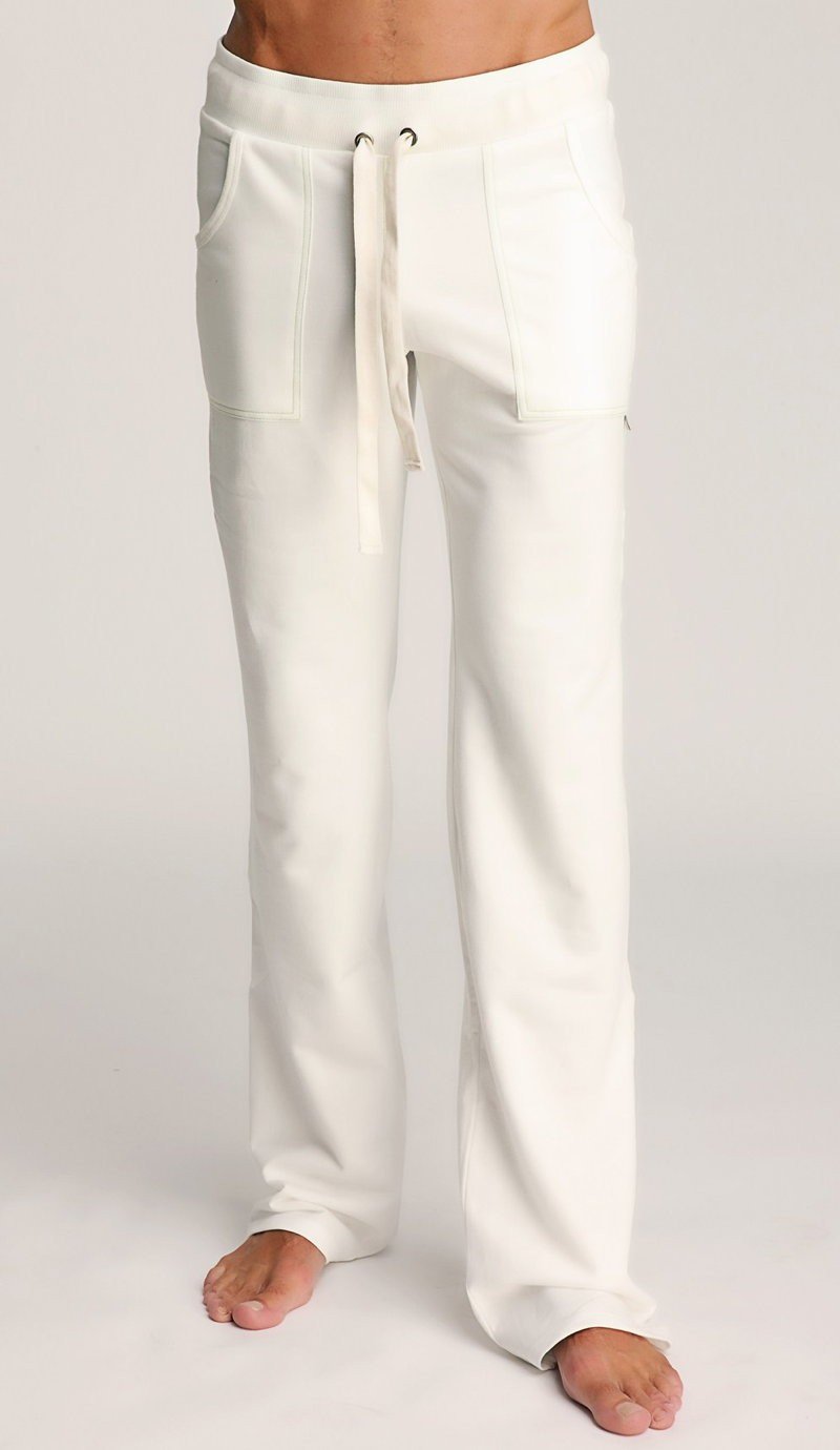 White eco-track and yoga sweat pant made of soft cotton with drawstring waist and side pockets for comfort