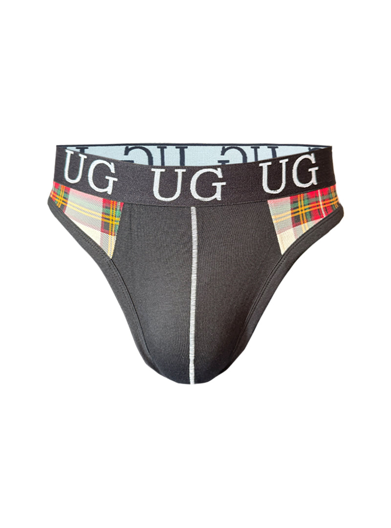 Black edge cotton thong underwear with plaid side panels and white stitching down the center front