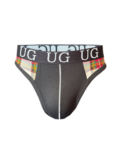 Black edge cotton thong underwear with plaid side panels and white stitching down the center front