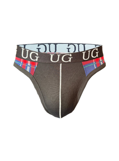 Brown edge cotton thong underwear with plaid side panels and white lettering on the waistband