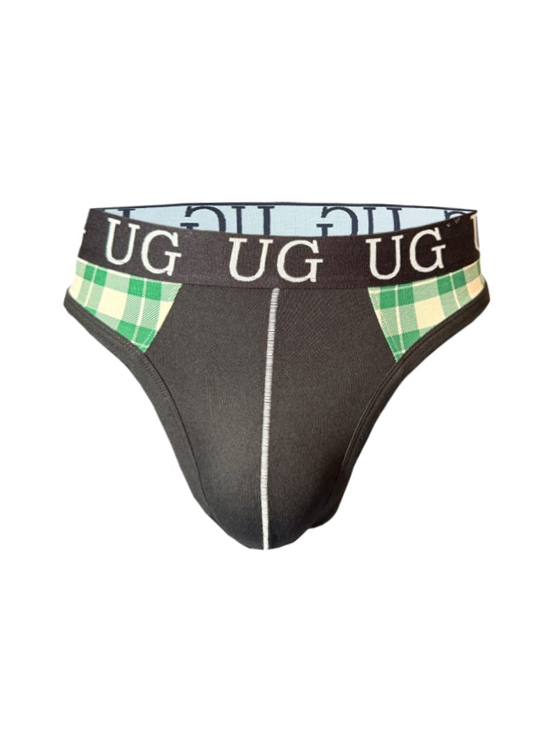 Black Edge Cotton Thong underwear with green and white plaid side accents and a white vertical front seam