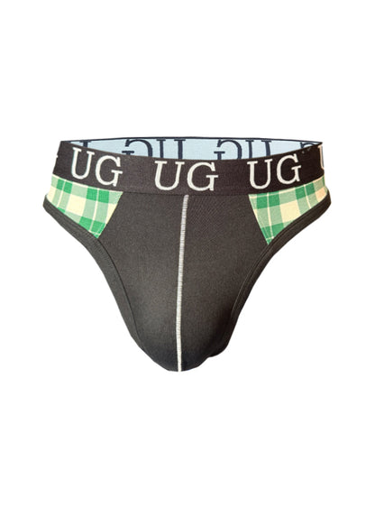 Black Edge Cotton Thong underwear with green and white plaid side accents and a white vertical front seam
