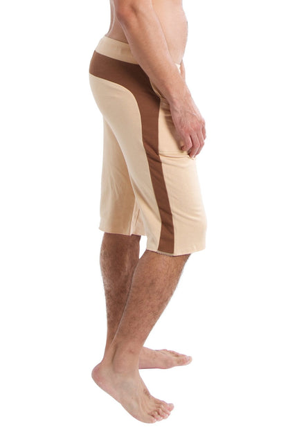 Beige and brown edge eco-track short with sleek modern design made for athletic performance in sand and chocolate colors
