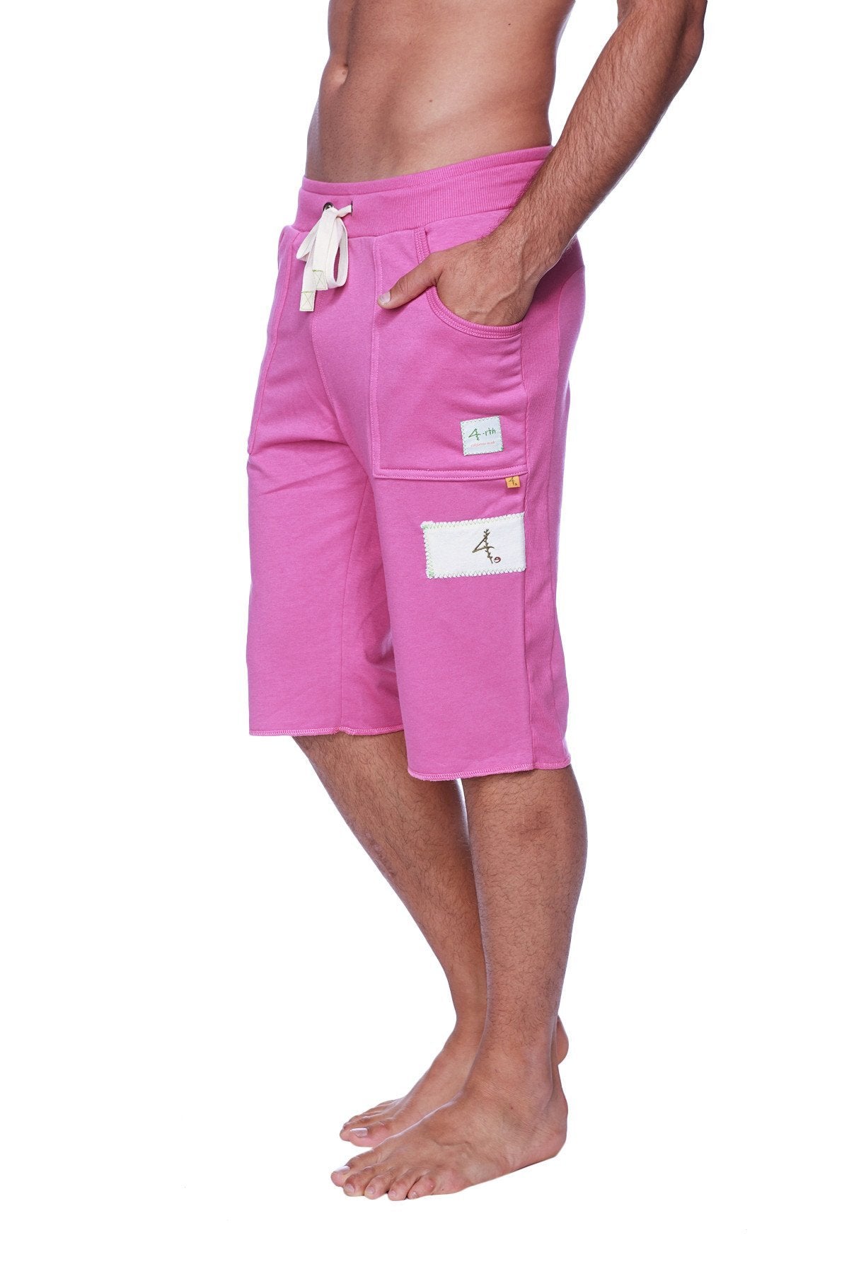 Bright pink soft cotton edge eco-track shorts with white drawstring and patch pockets for casual wear