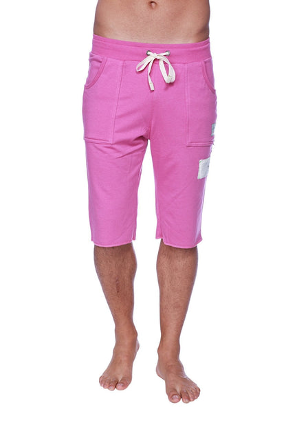 Pink edge eco-track cargo shorts with white drawstring and patch pockets in solid berry color