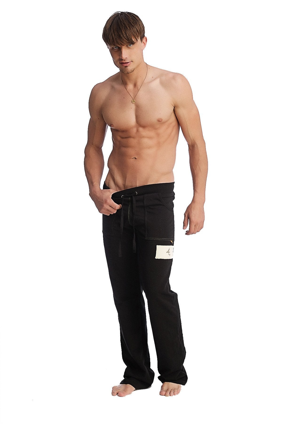 Black edge eco-track and yoga sweatpant with drawstring waist and small white label on left thigh