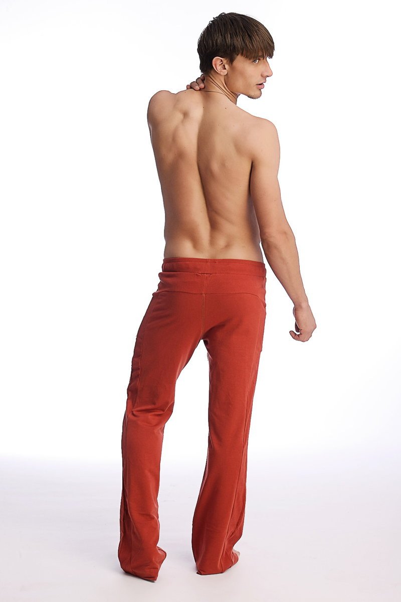 Red edge eco-track and yoga sweat pant with high waistband loose fit and straight leg cut in cinnabar color