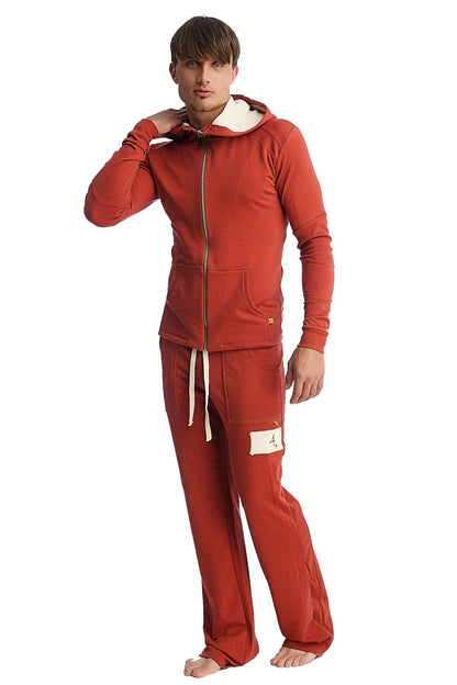 Red hooded sweatshirt with gold zipper white drawstrings and matching red Edge Eco-Track yoga sweat pant with white patch