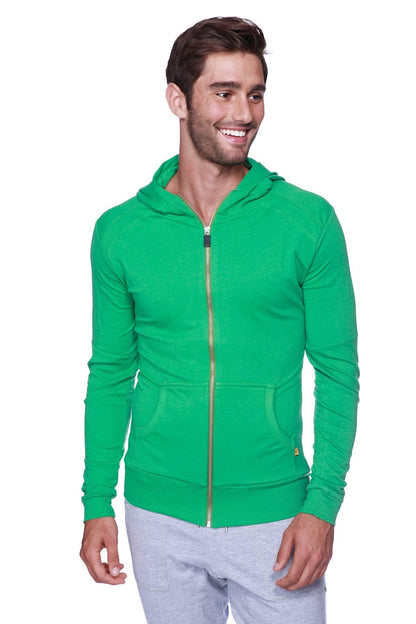 A vibrant green edge form-fit crossover yoga track hoodie with gold zipper and front pockets made from bamboo fabric
