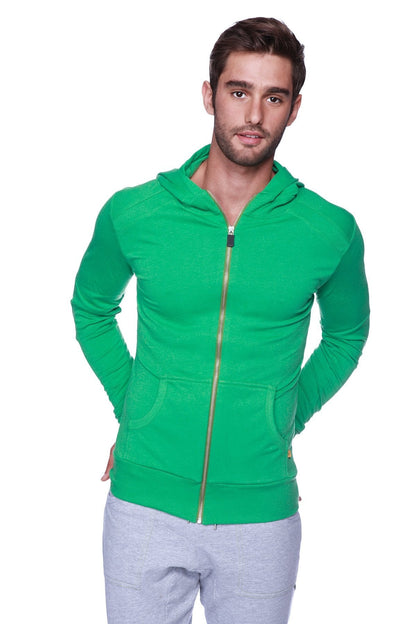 Edge form-fit crossover yoga track performance hoodie in bamboo green with gold zipper and front pockets