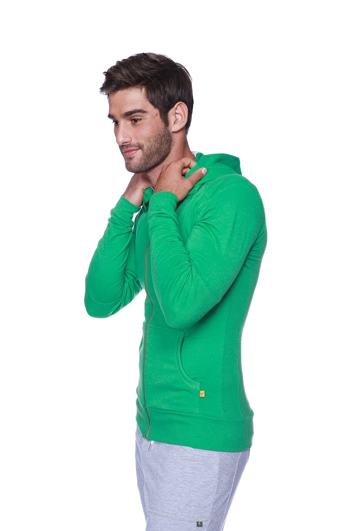 Vibrant bamboo green edge form-fit crossover yoga track performance hoodie with hood and front pocket