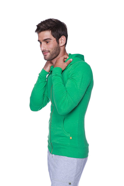Vibrant bamboo green edge form-fit crossover yoga track performance hoodie with hood and front pocket