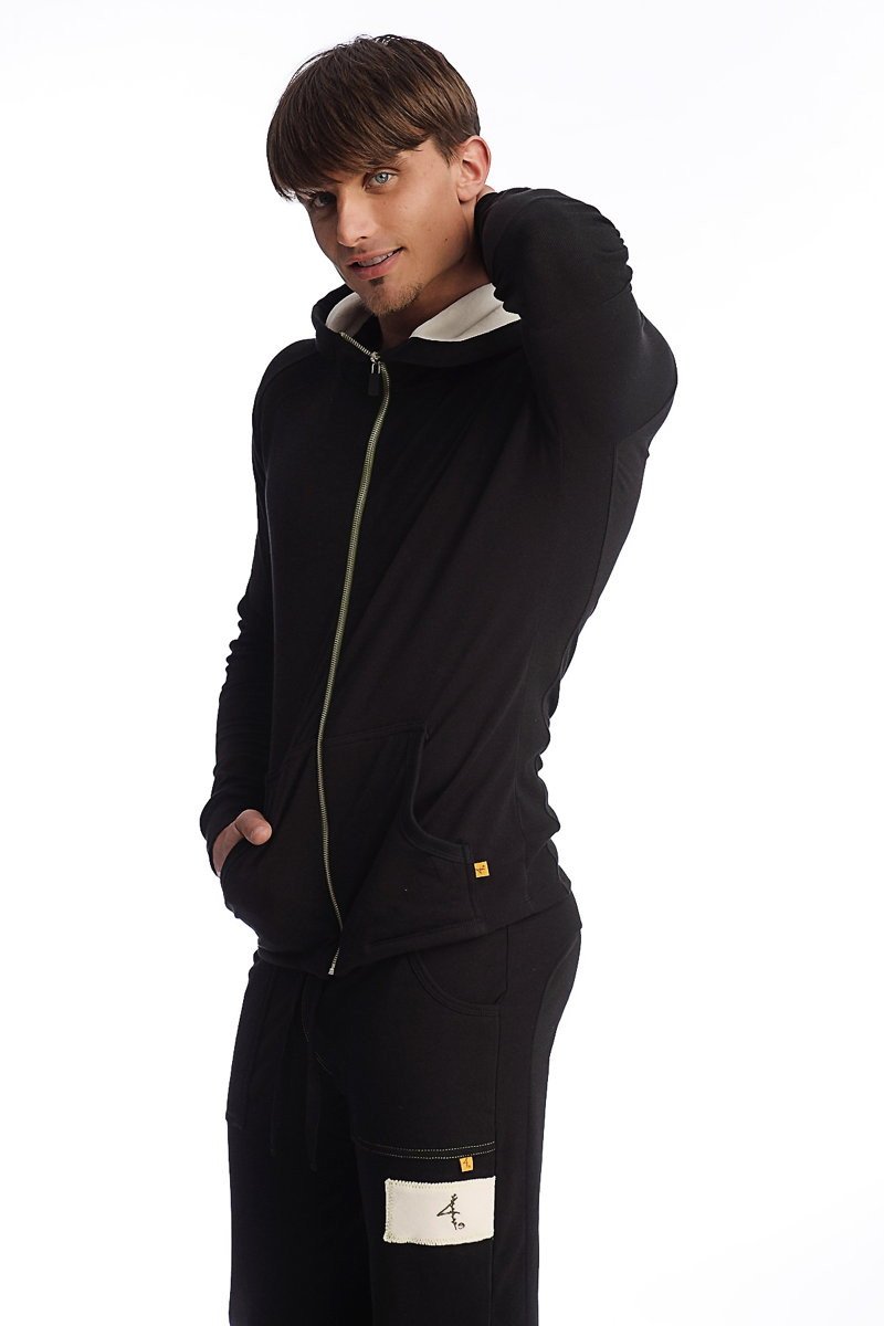 Edge form-fit crossover yoga track performance hoodie black with light green zipper and white inner lining