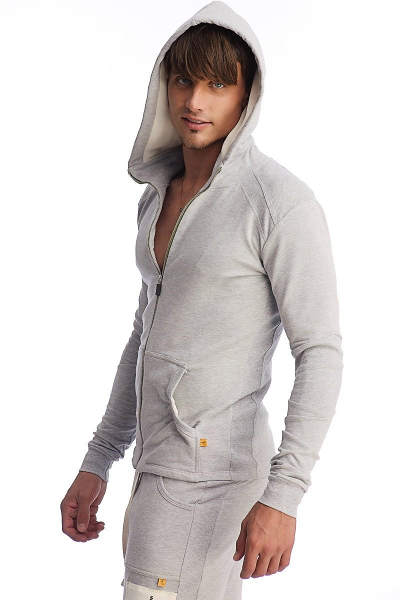 Edge form-fit crossover yoga track performance hoodie in heather grey with long sleeves and front pocket