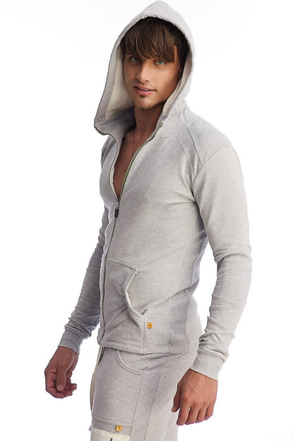 Edge form-fit crossover yoga track performance hoodie in heather grey with long sleeves and front pocket