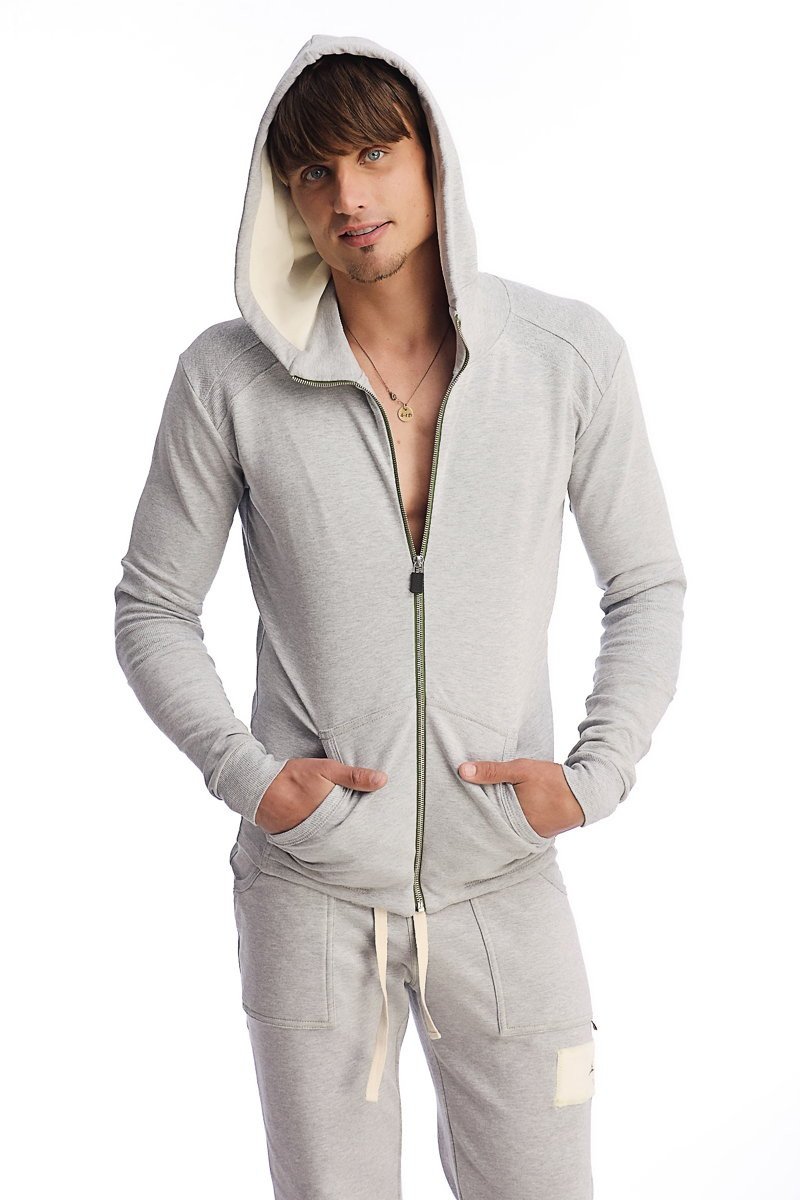 Edge form-fit crossover yoga track performance hoodie heather grey with cream interior lining and ribbed cuffs