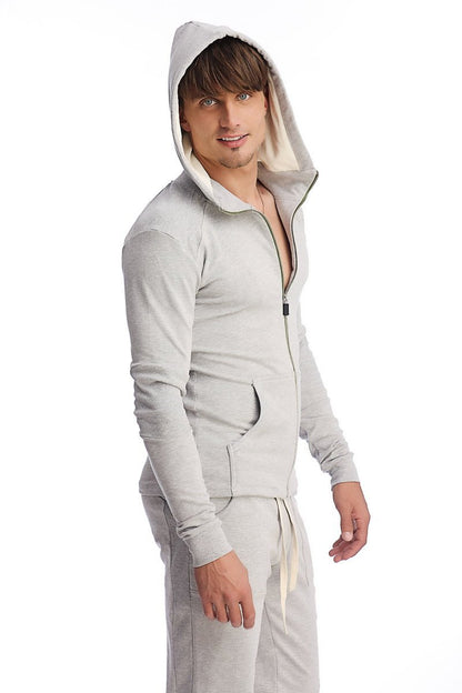 Light gray edge form-fit crossover yoga track hoodie with fleece lining and matching drawstring waistband