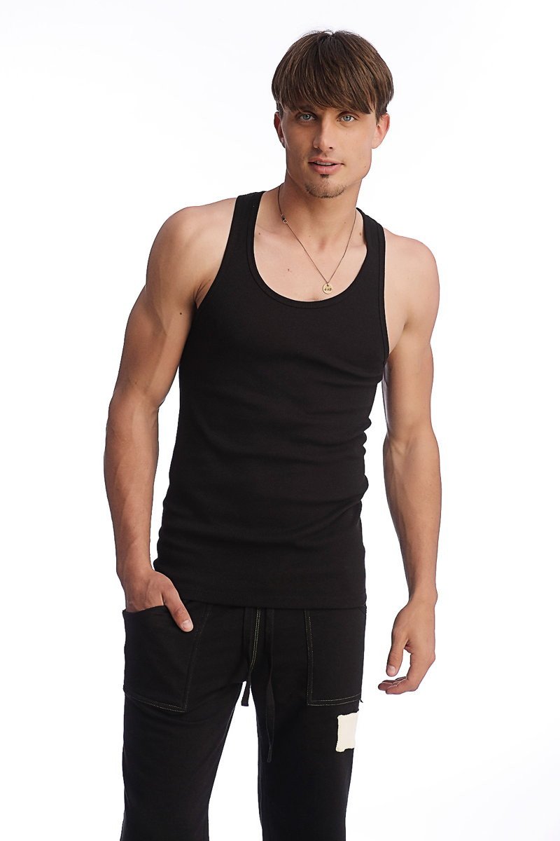 Black sleeveless edge sustain tank top with rounded neckline and fitted silhouette perfect for activewear