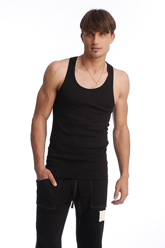 Black sleeveless edge sustain tank top with rounded neckline and fitted silhouette perfect for activewear