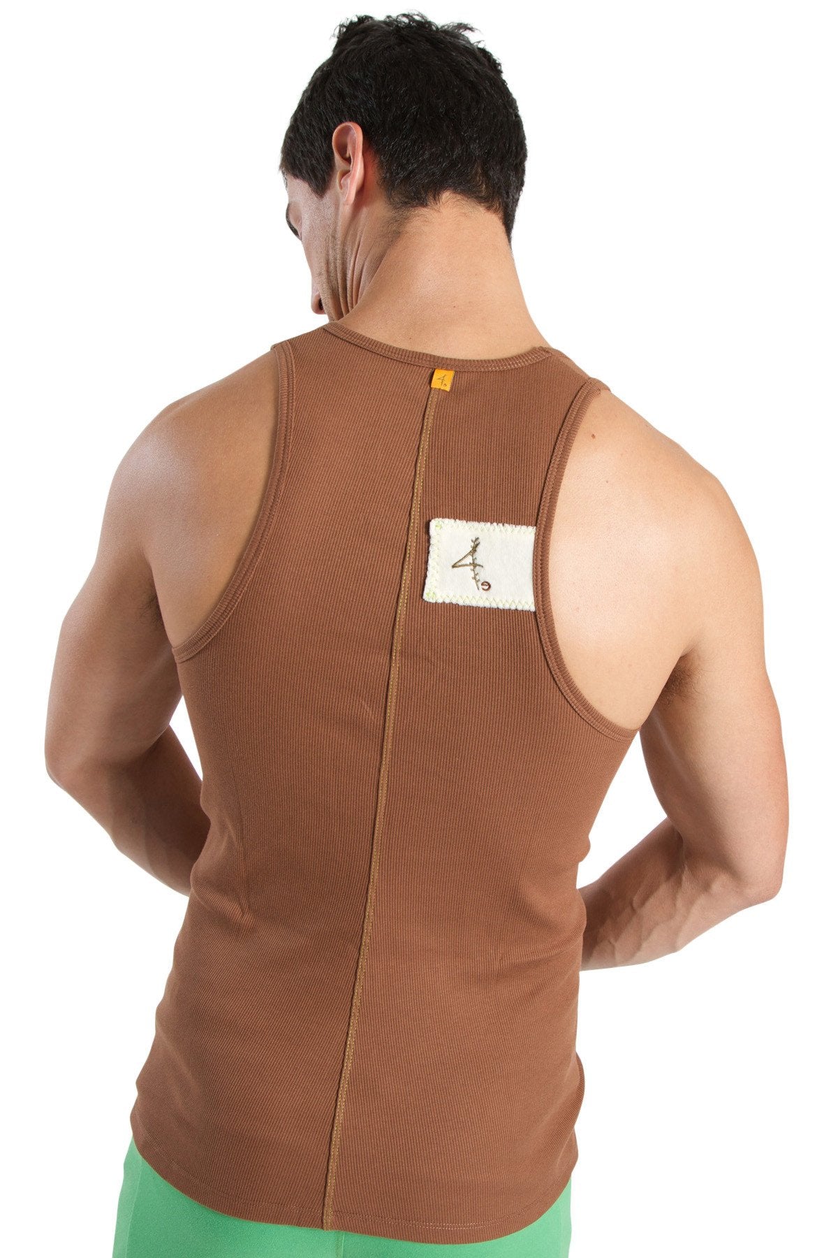 Back side of brown ribbed chocolate edge sustain tank top with white label designed for casual wear