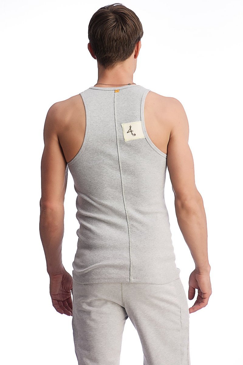 Gray heathered cotton edge sustain tank top showing back with central seam and small white label