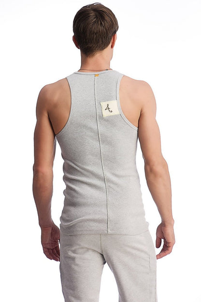 Gray heathered cotton edge sustain tank top showing back with central seam and small white label