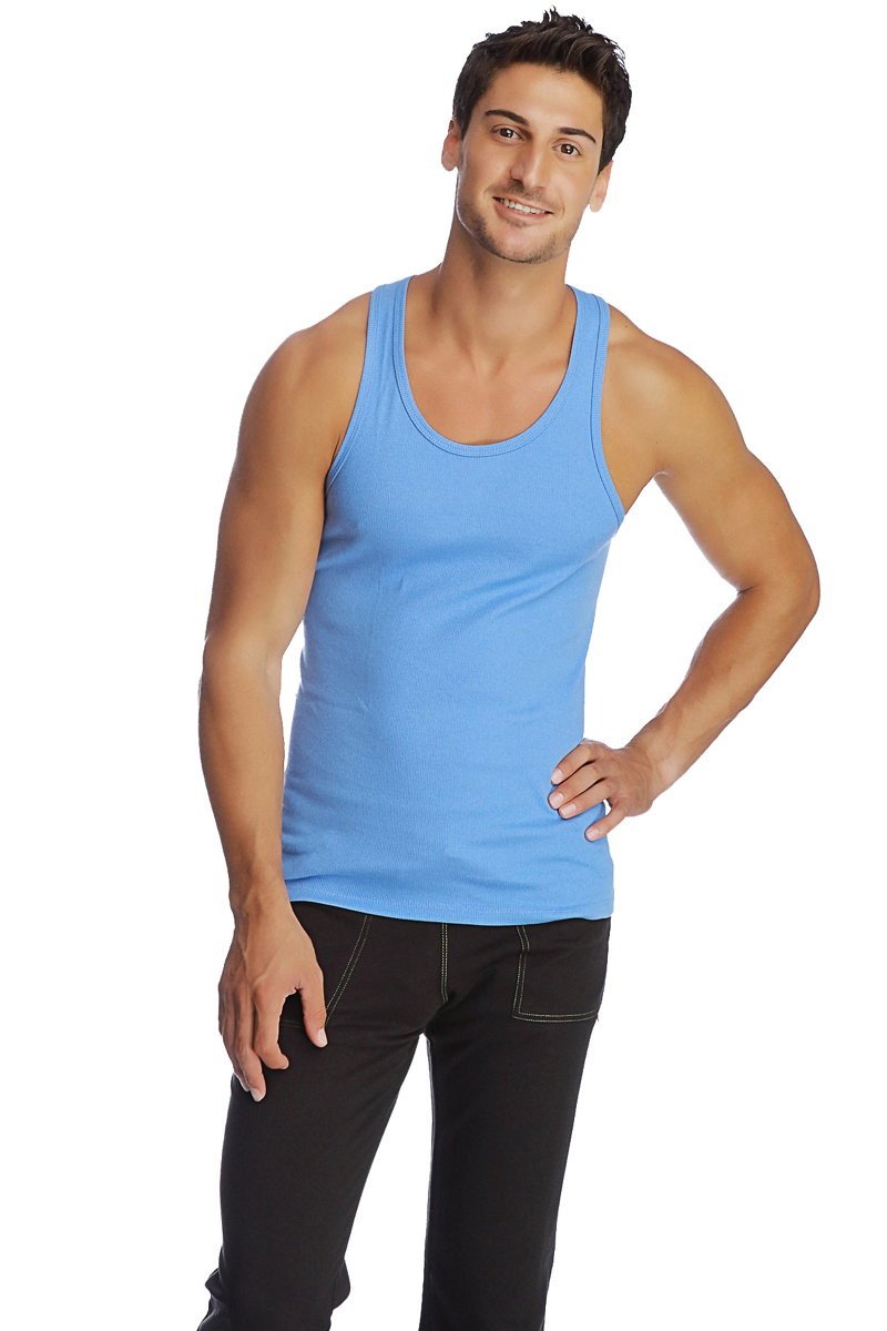 Light blue ribbed cotton edge sustain tank top with rounded neckline in ice color for casual wear