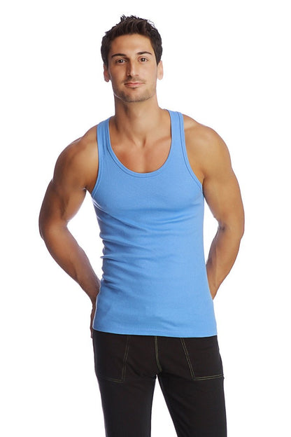 Edge Sustain tank top ice is a light blue sleeveless top with a rounded neckline and simple sustainable design
