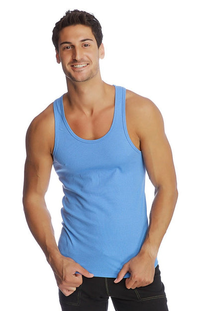 A light blue ribbed cotton tank top with scoop neckline edge sustain tank top ice color