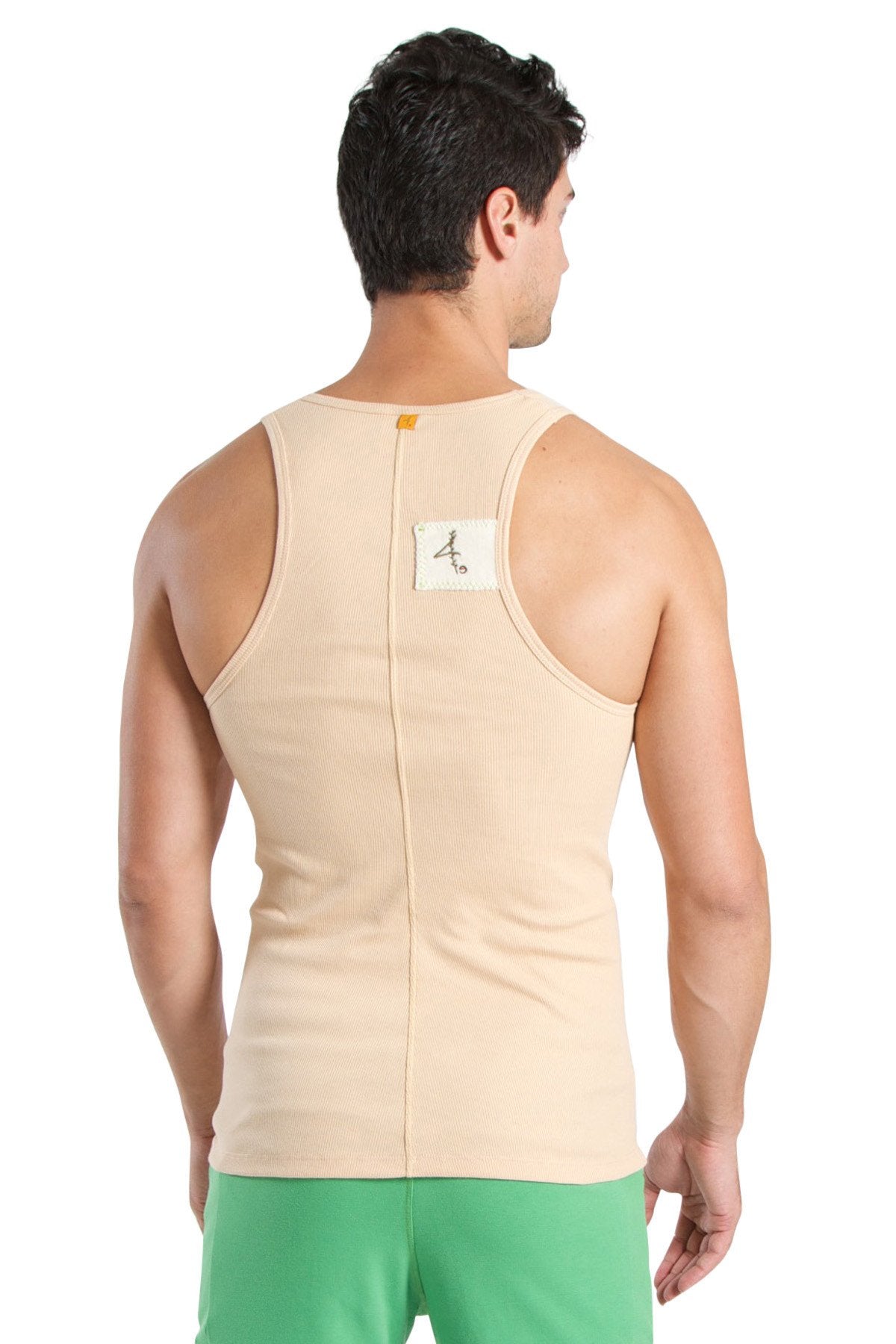 Beige ribbed cotton edge sustain tank top back view with central zipper and small white label